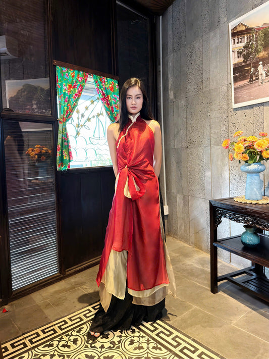 Ruby Red Chestnut Fresh Green Ao dai Thieu Quang