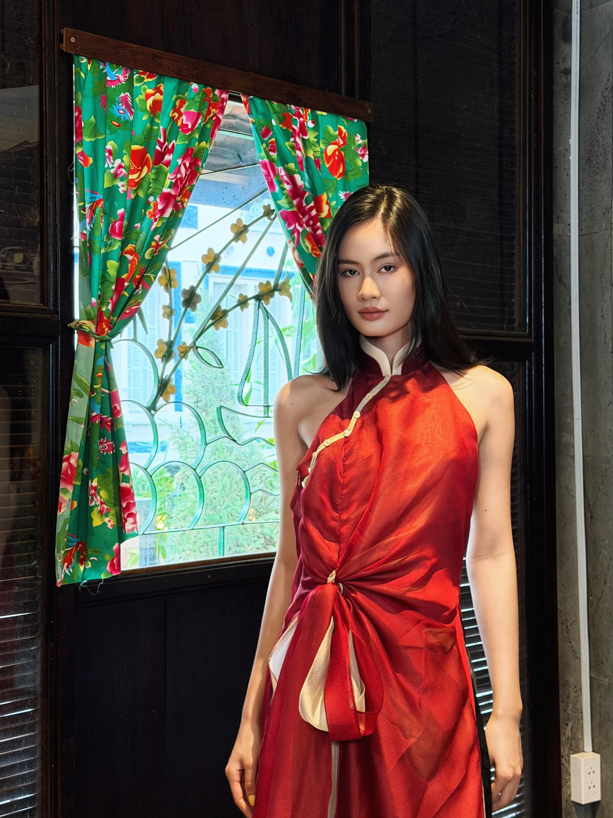 Ruby Red Chestnut Fresh Green Ao dai Thieu Quang