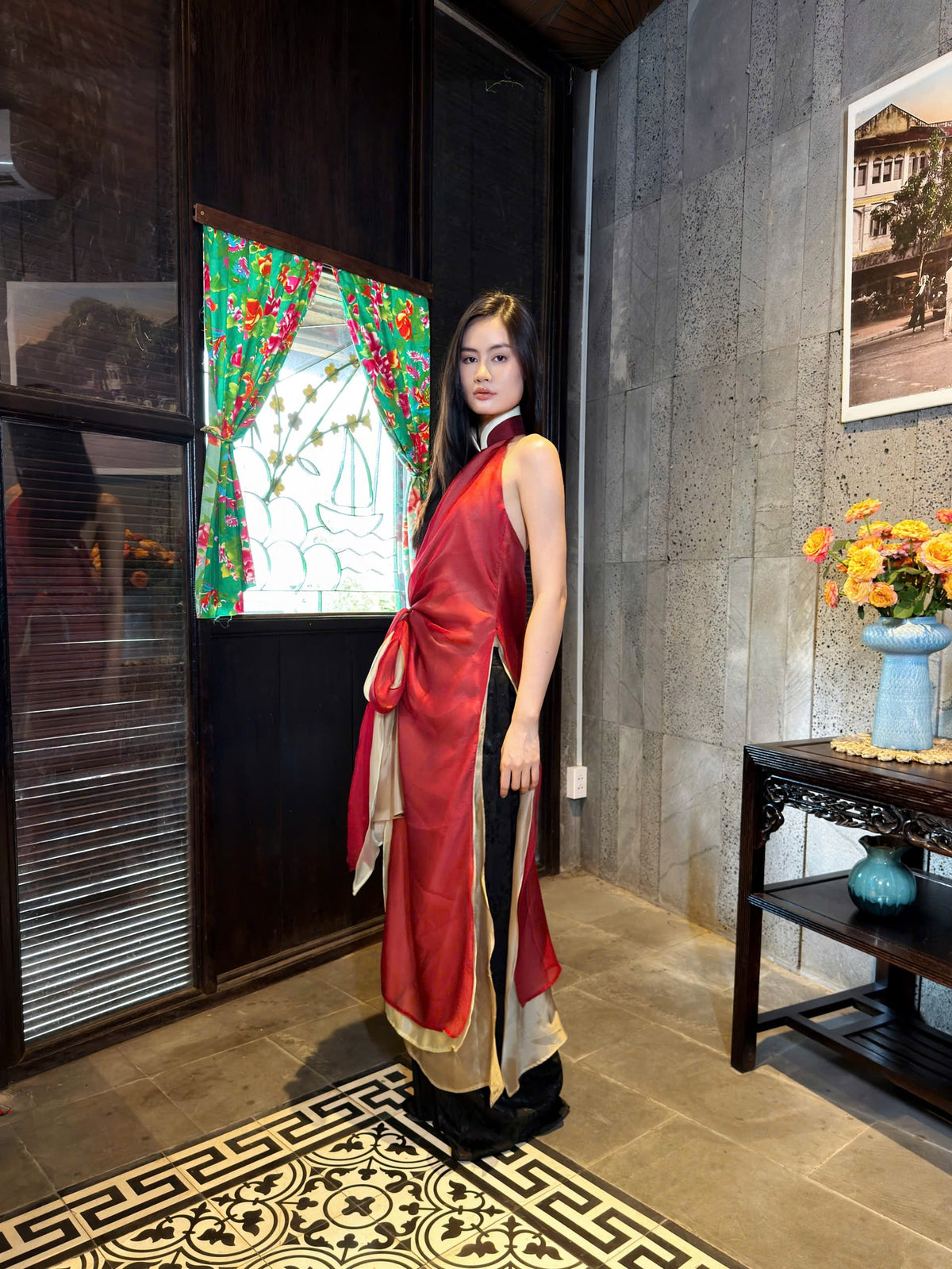 Ruby Red Chestnut Fresh Green Ao dai Thieu Quang