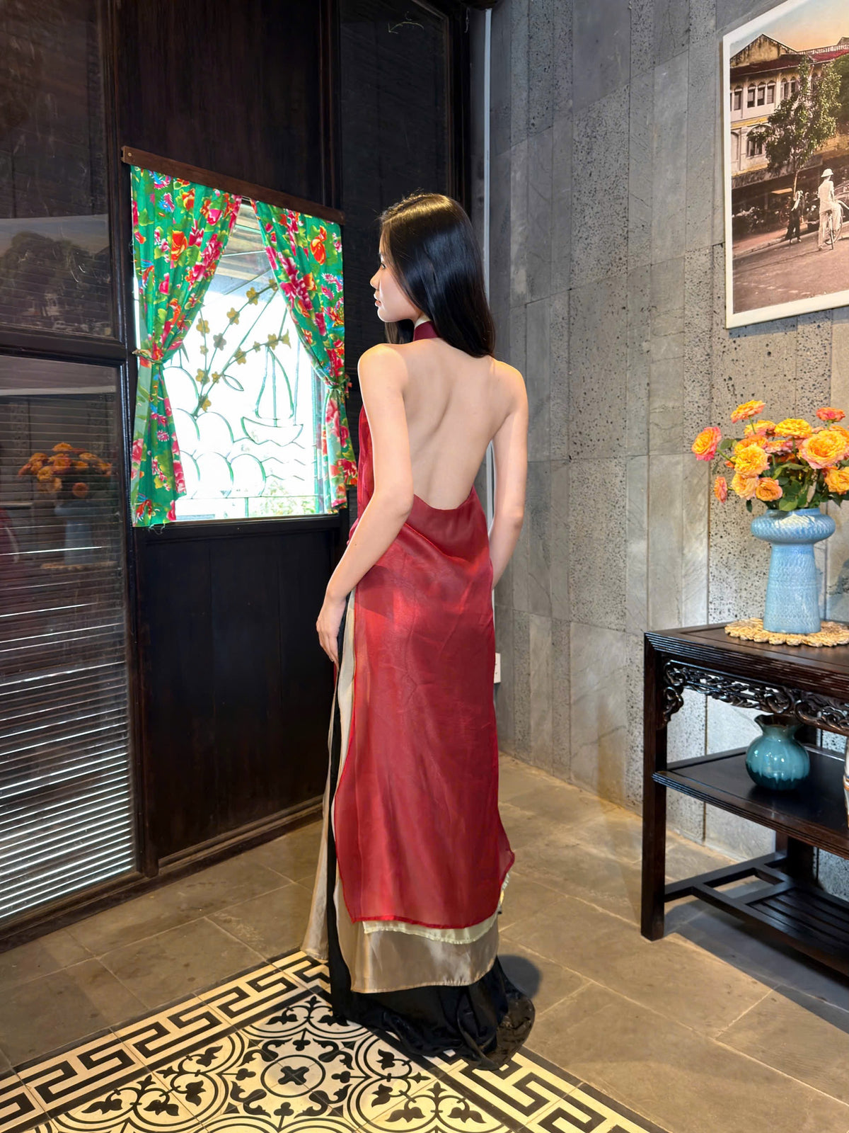 Ruby Red Chestnut Fresh Green Ao dai Thieu Quang