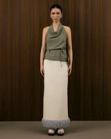FAUX-FUR TRIMMED KAKI COTTON COLUMN SKIRT
