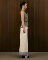 FAUX-FUR TRIMMED KAKI COTTON COLUMN SKIRT