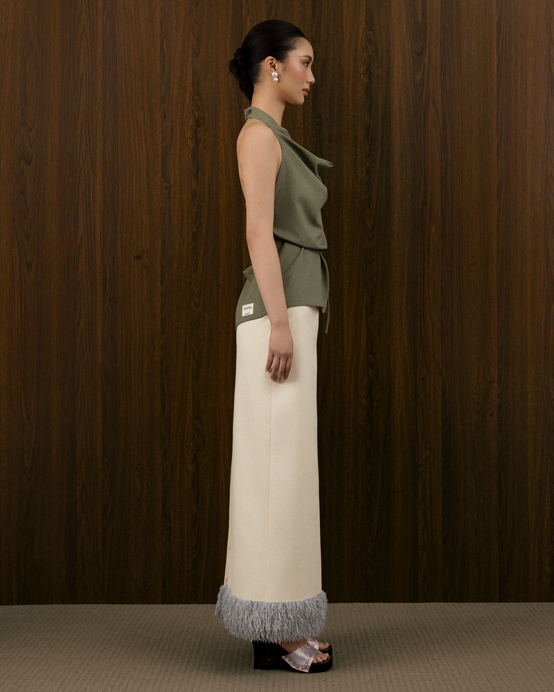 FAUX-FUR TRIMMED KAKI COTTON COLUMN SKIRT
