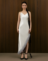 BACH LIEN FAUX-FUR TRIMMED SILK DRESS