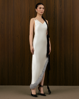 BACH LIEN FAUX-FUR TRIMMED SILK DRESS