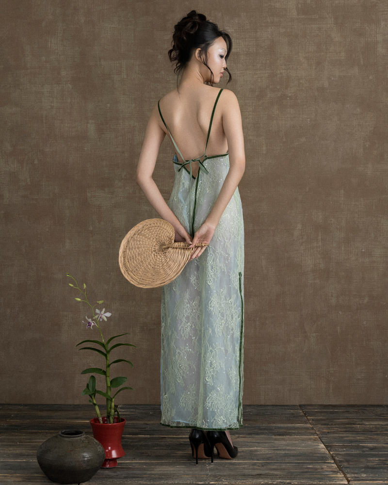 AVOCADO GREEN MADEMOISELLER LACE SLIP DRESS