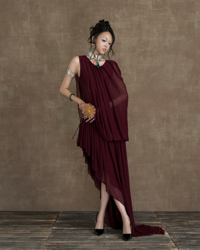 BORDEAUX RED LE PETIT COURS D’EAU SHEER DRESS