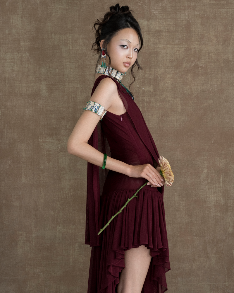 BORDEAUX RED LE PETIT COURS D’EAU SHEER DRESS