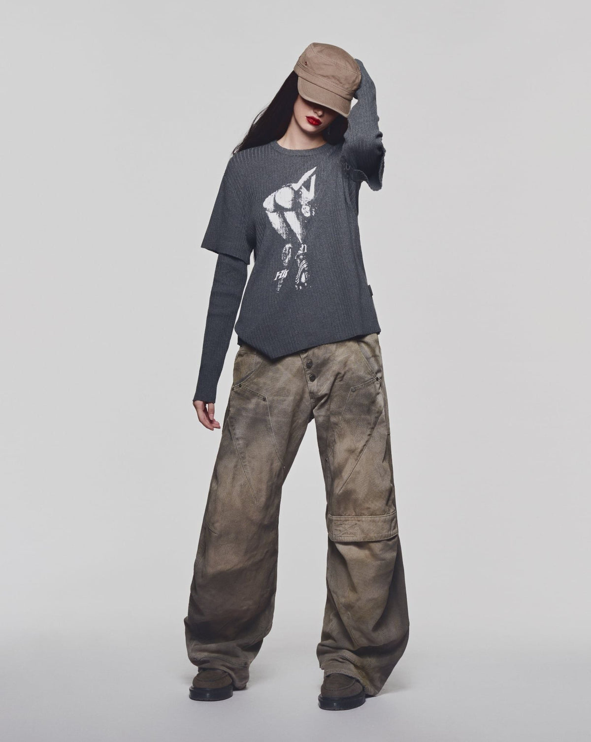 HIPSIDE DOUBLE SLEEVE KNIT TEE