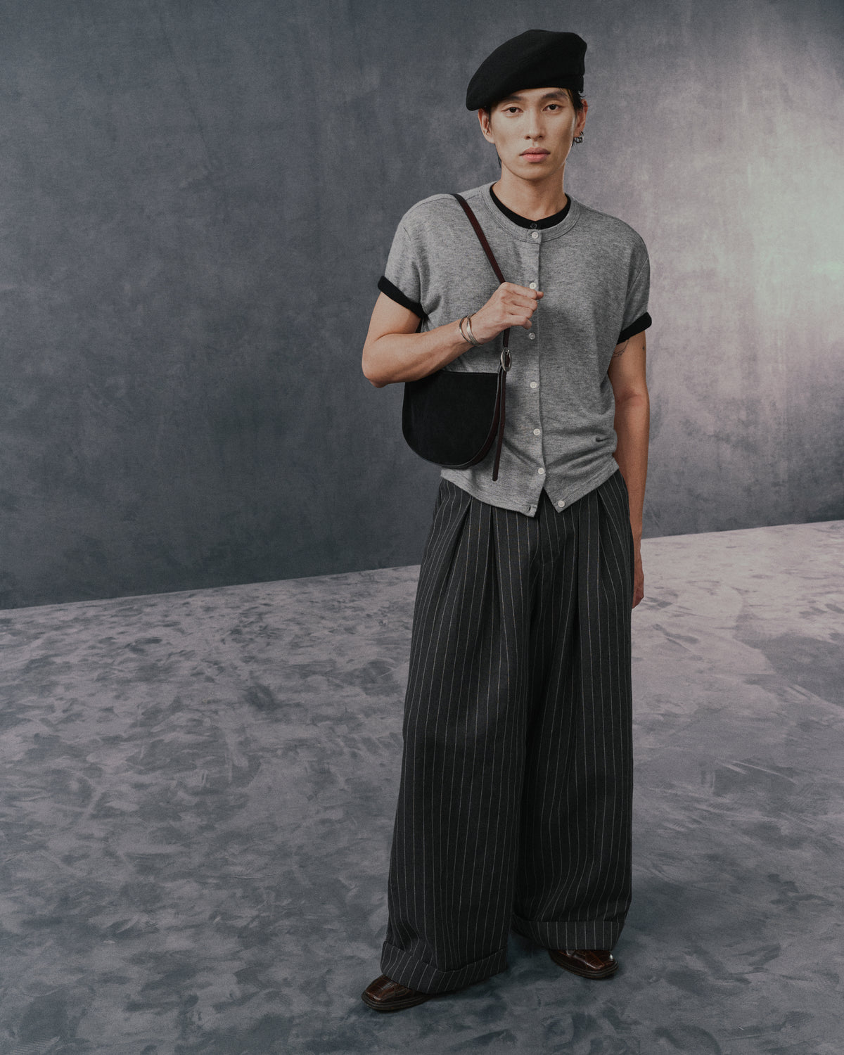 GREY STRIPED CRUDE TROUSERS