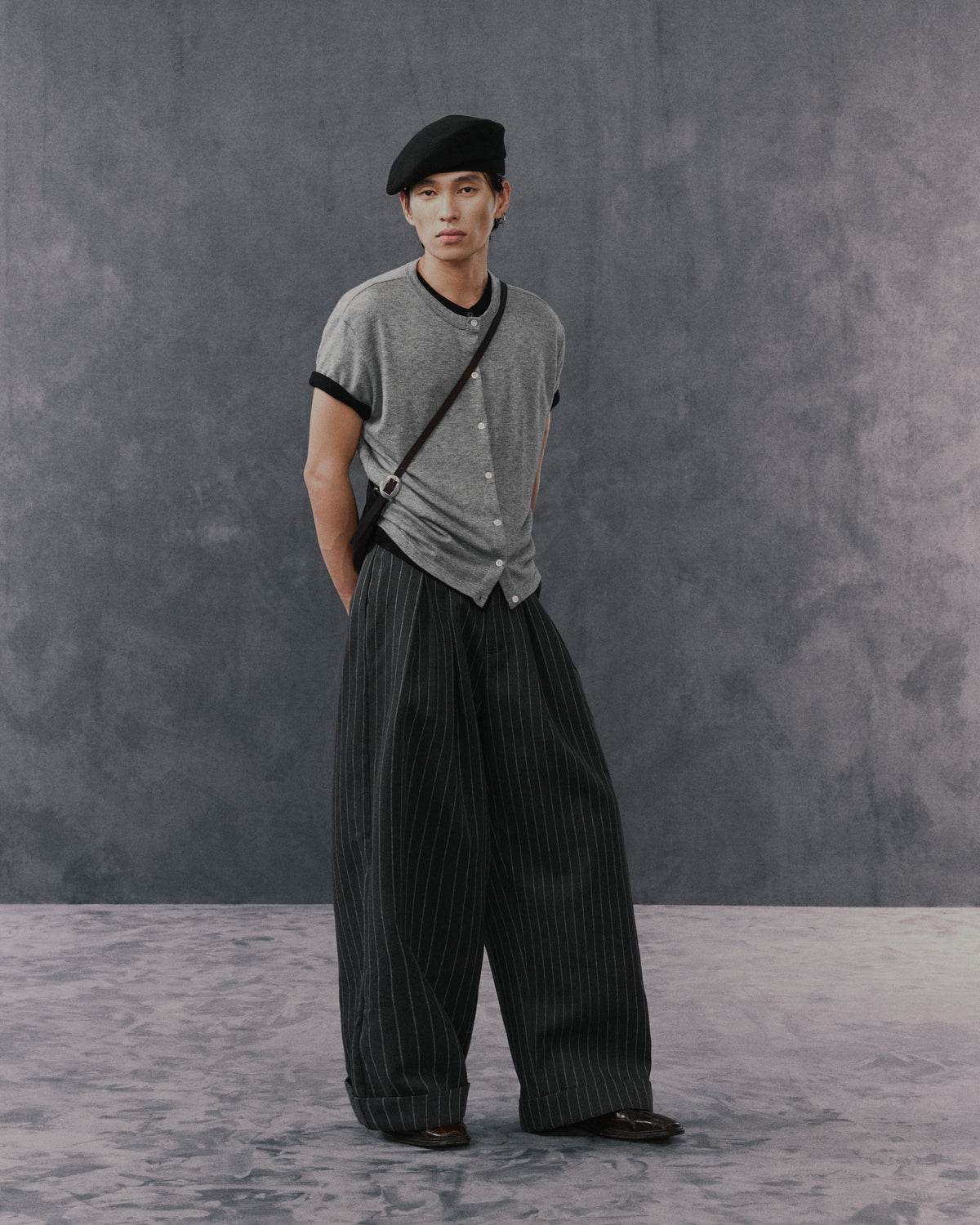 GREY STRIPED CRUDE TROUSERS