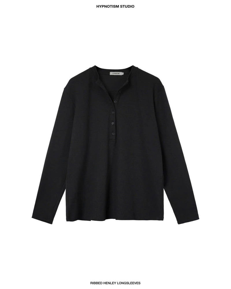 BLACK RIBBED HENLEY TOP	