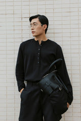 BLACK RIBBED HENLEY TOP	