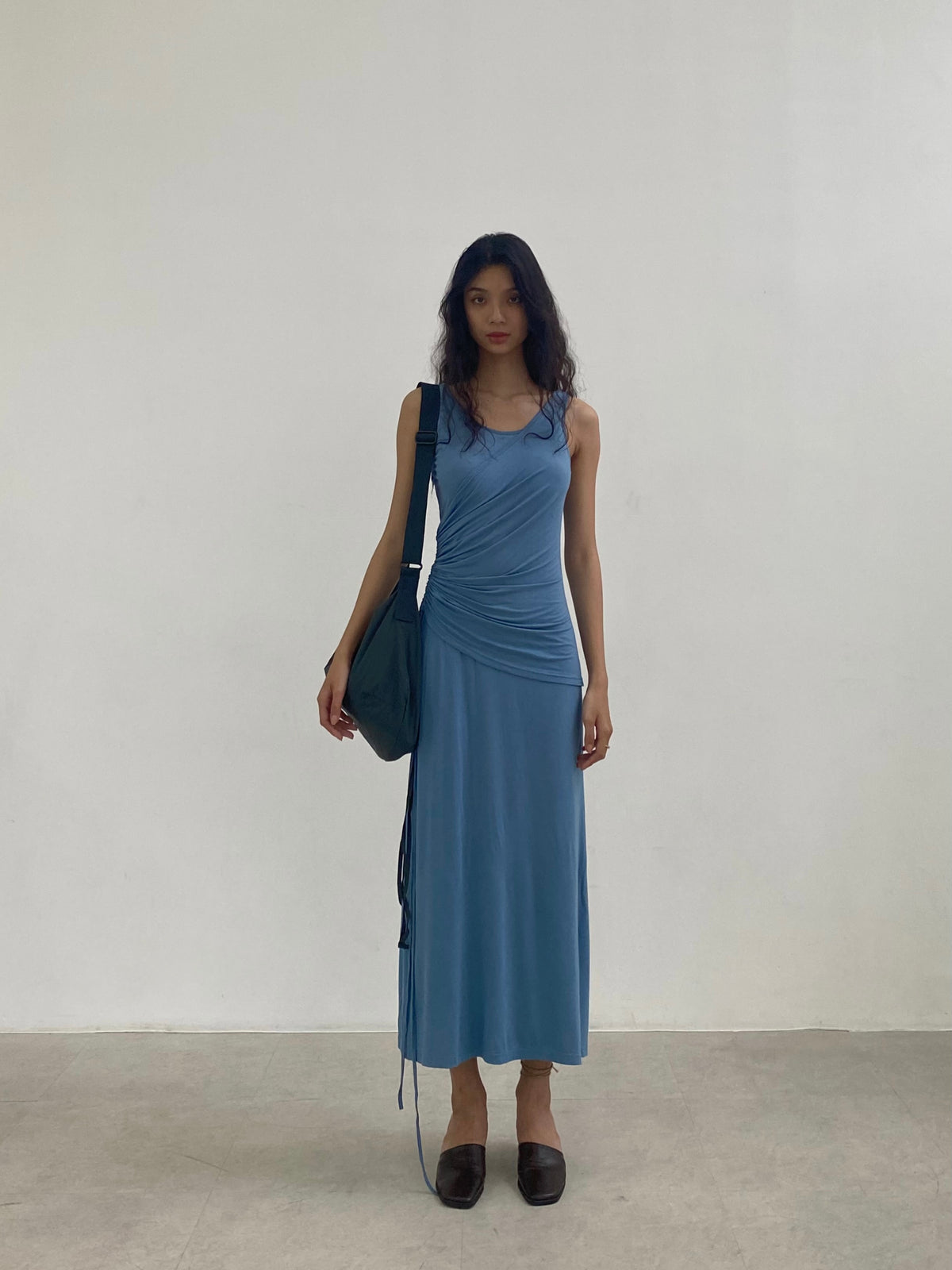 BLUE BAMBOO JERSEY RUCHED DRESS