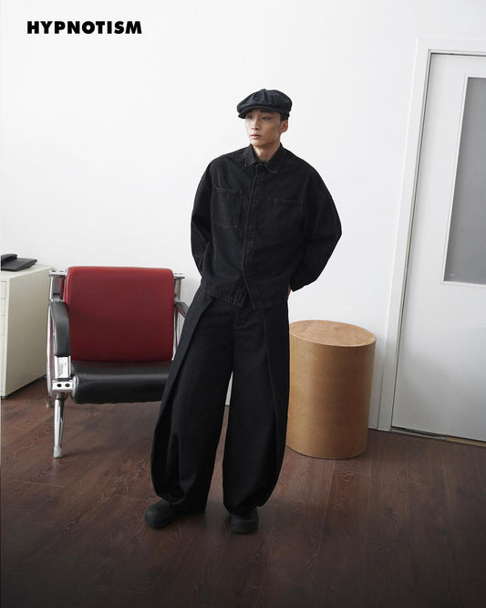 BLACK LOOSE WIDE PLEAT PANTS