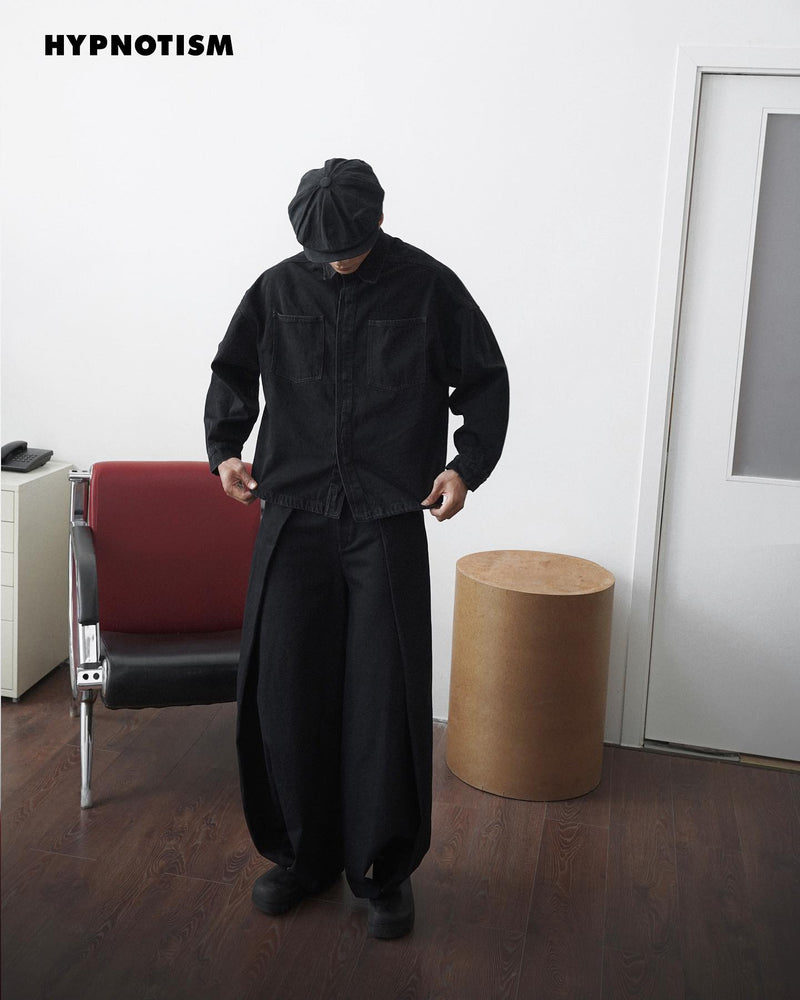 BLACK LOOSE WIDE PLEAT PANTS