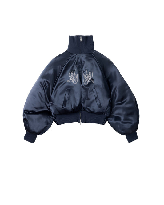 SATIN NAVY ALL FOR FUN BOMBER JACKET