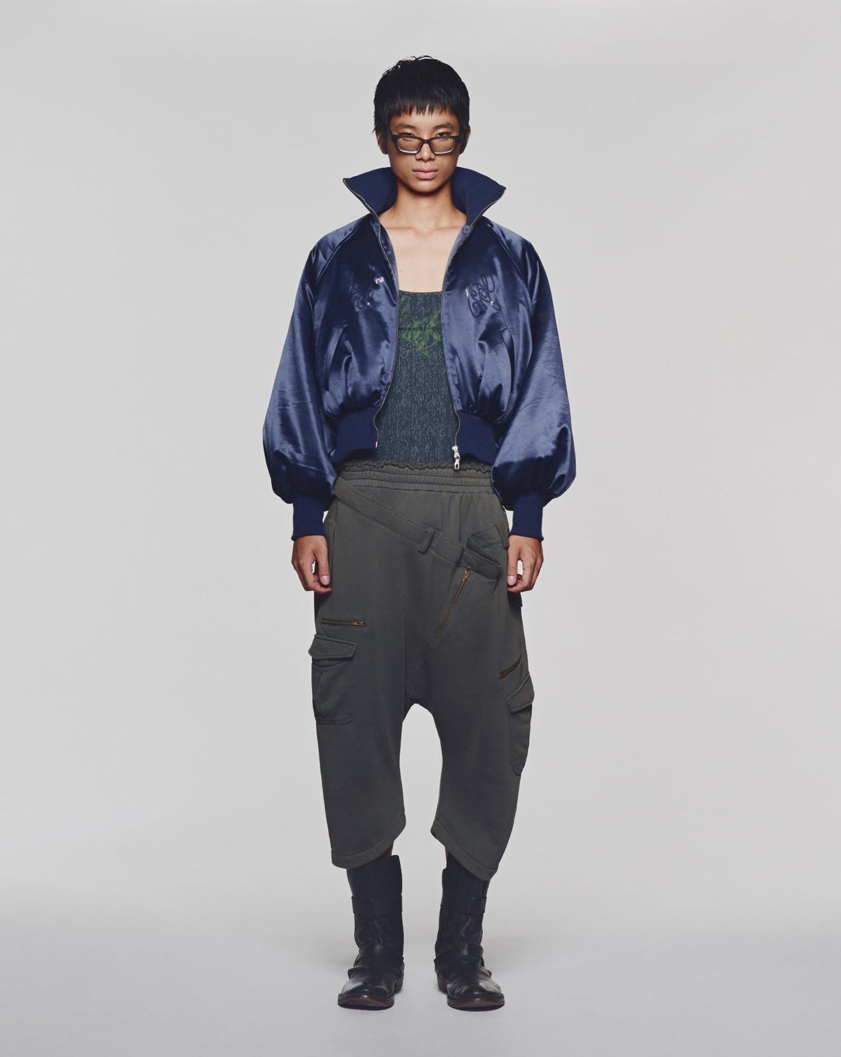 SATIN NAVY ALL FOR FUN BOMBER JACKET
