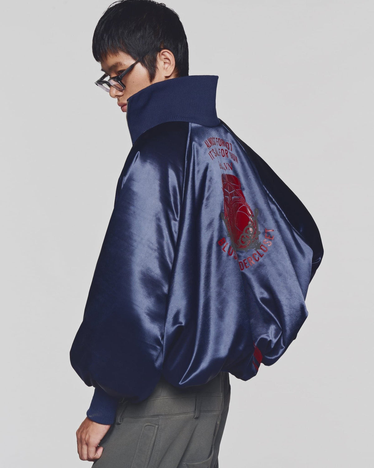 SATIN NAVY ALL FOR FUN BOMBER JACKET