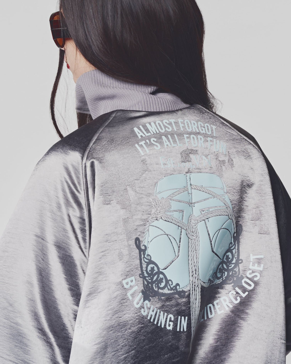 SATIN SILVER ALL FOR FUN BOMBER JACKET