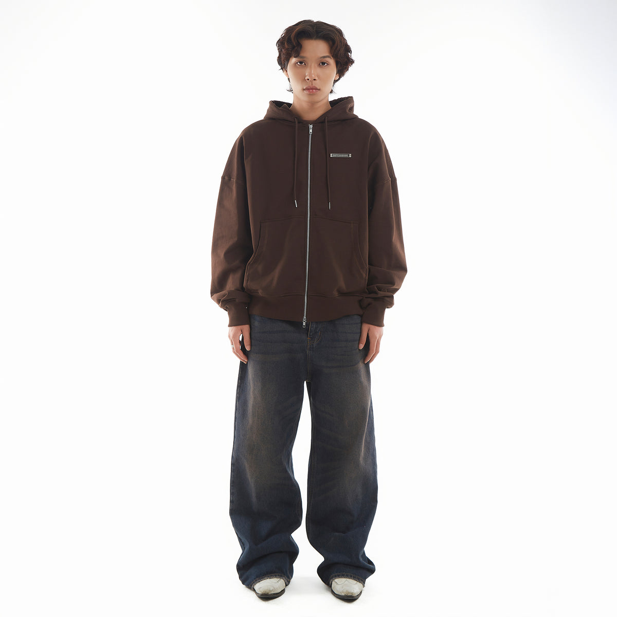 METAL ZIPPED HOODIE/ BROWN