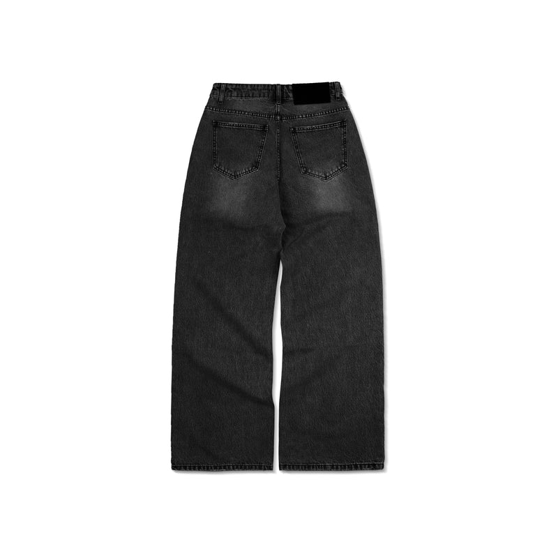 WIDE- LEG GREY WASHED DENIM PANTS/ BLACK