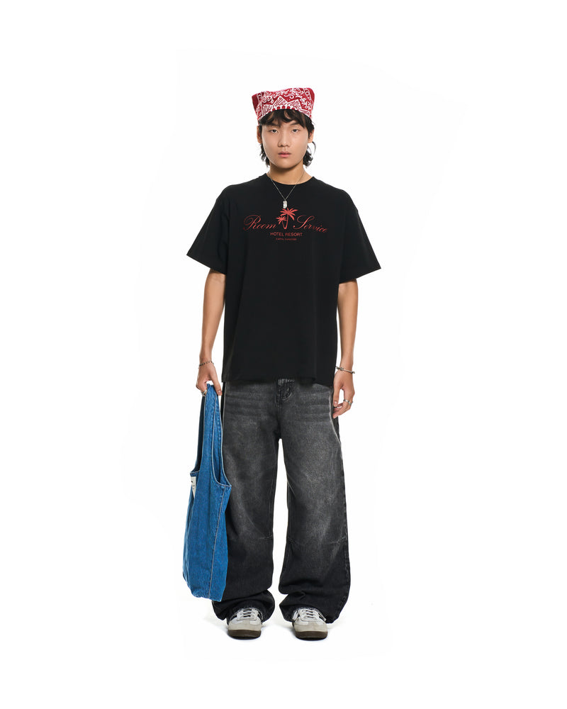 WIDE- LEG GREY WASHED DENIM PANTS/ BLACK