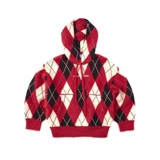 RED “WHENEVER” COZY PLAID KNIT HOODIE 