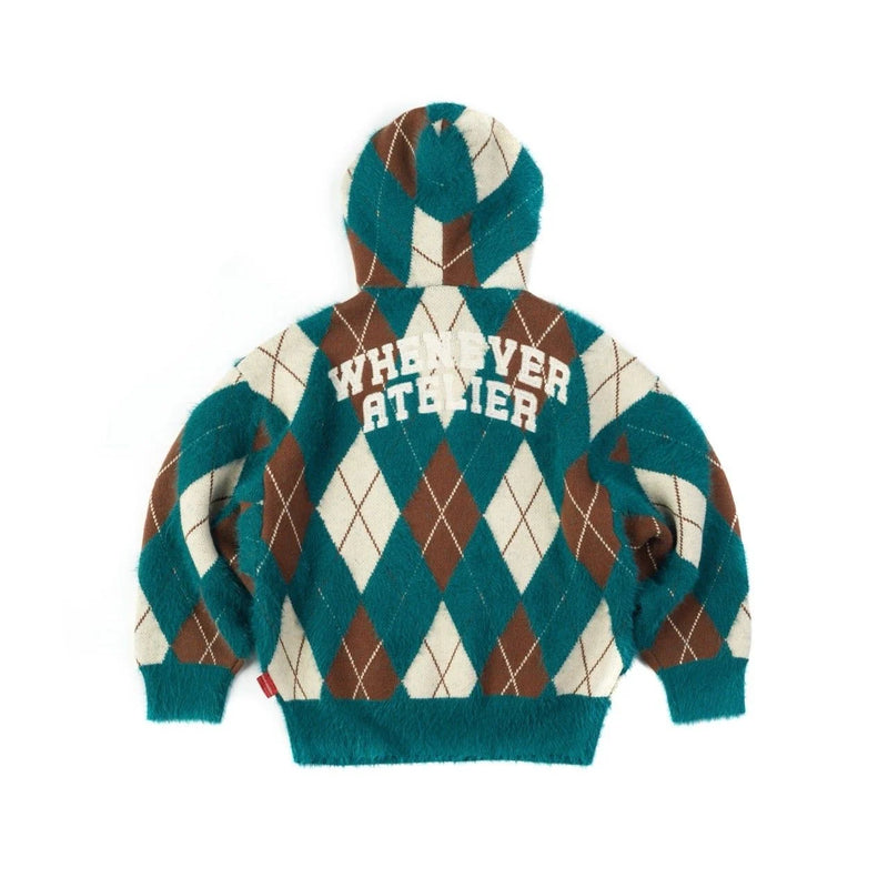 GREEN “WHENEVER” COZY PLAID KNIT HOODIE 