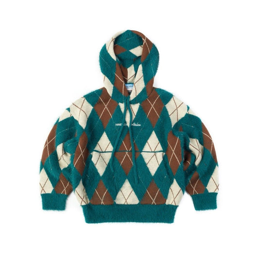 GREEN “WHENEVER” COZY PLAID KNIT HOODIE 