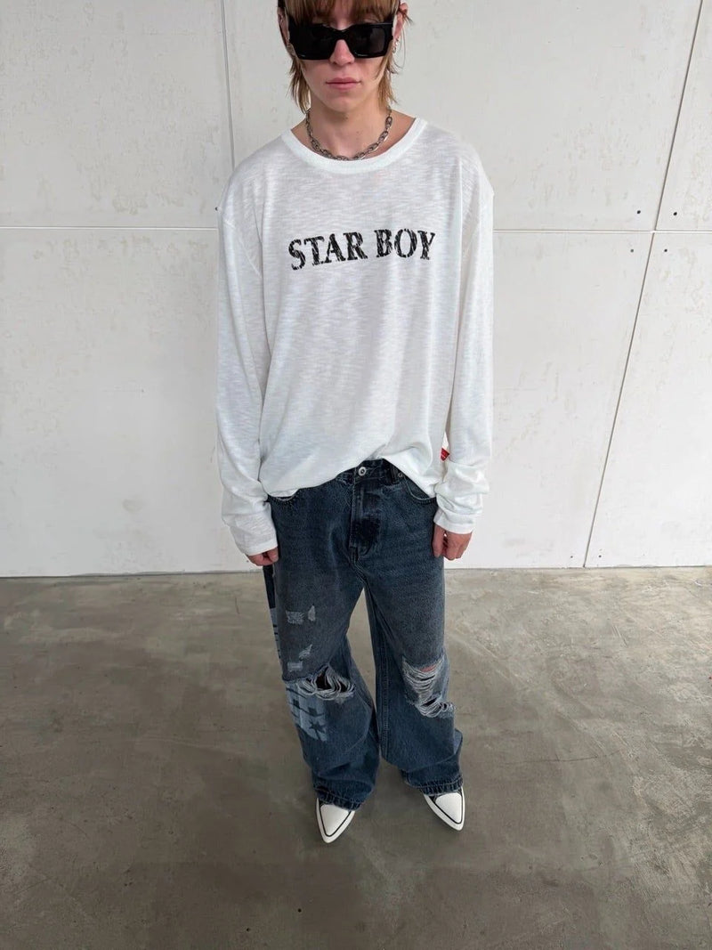 WHITE "WHENEVER" STAR BOY LONG SLEEVE T-SHIRT
