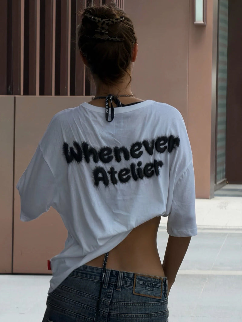 WHITE “WHENEVER” FUZZY LOGO TEE