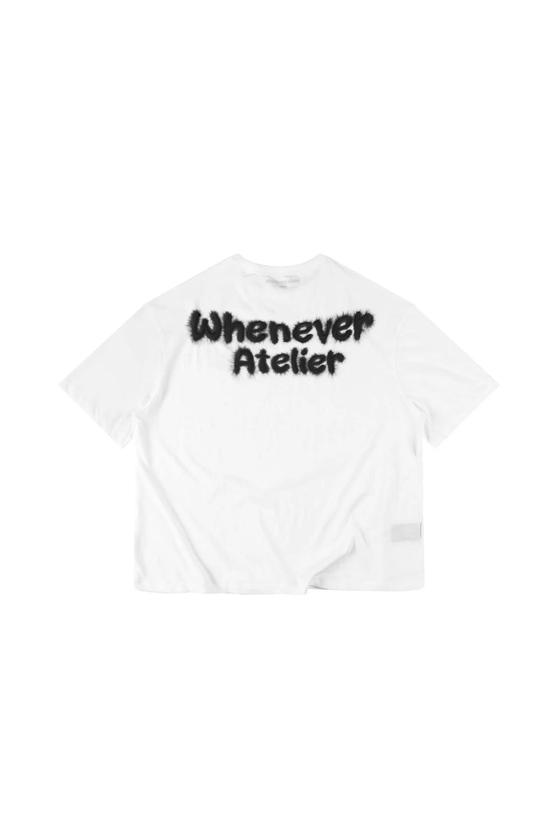 WHITE “WHENEVER” FUZZY LOGO TEE