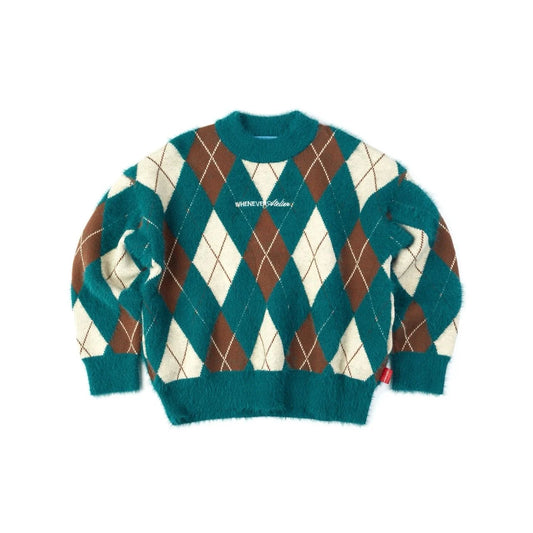 GREEN “WHENEVER” COZY PLAID KNIT SWEATER