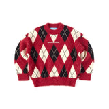 RED “WHENEVER” COZY PLAID KNIT SWEATER