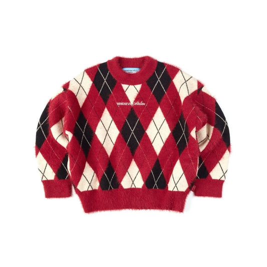 RED “WHENEVER” COZY PLAID KNIT SWEATER