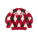 RED “WHENEVER” COZY PLAID KNIT SWEATER