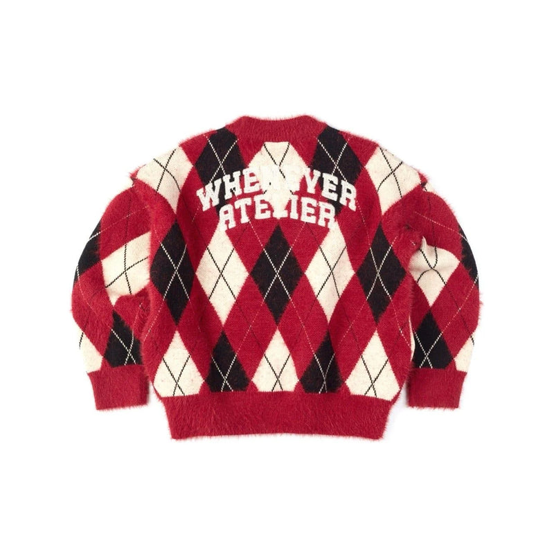RED “WHENEVER” COZY PLAID KNIT SWEATER