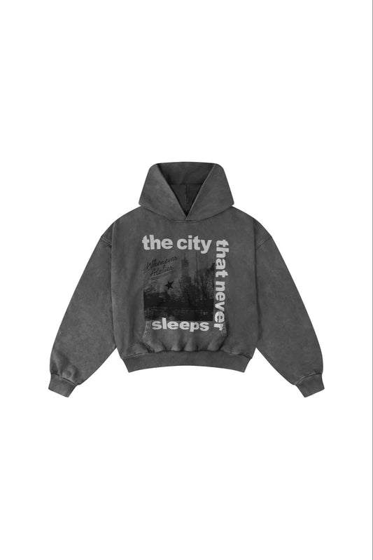 VINTAGE GREY "WHENEVER" CITY NEVER SLEEPS WASHED HOODIE