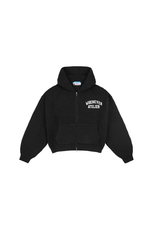 BLACK "WHENEVER" GRAND WAFFLE ZIP HOODIE
