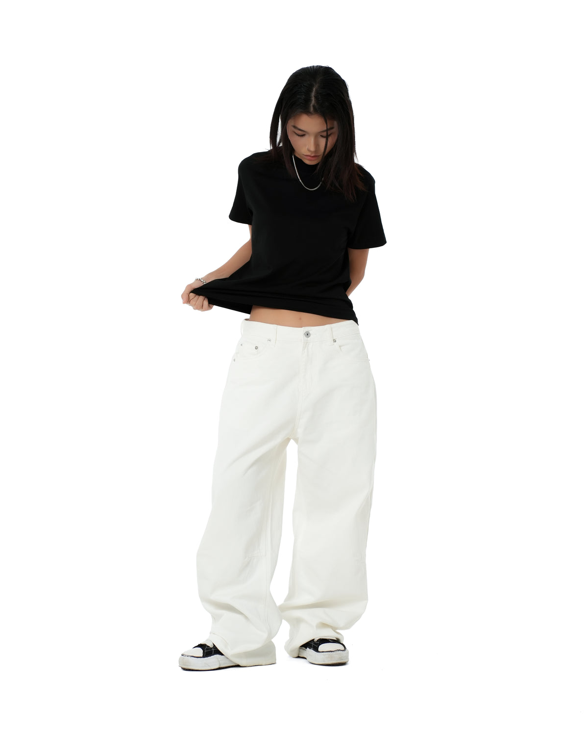 WIDE- LEG WASHED DENIM PANTS/ WHITE