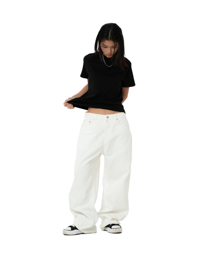 WIDE- LEG WASHED DENIM PANTS/ WHITE