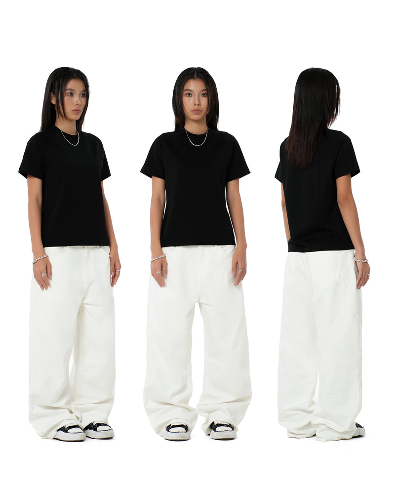 WIDE- LEG WASHED DENIM PANTS/ WHITE