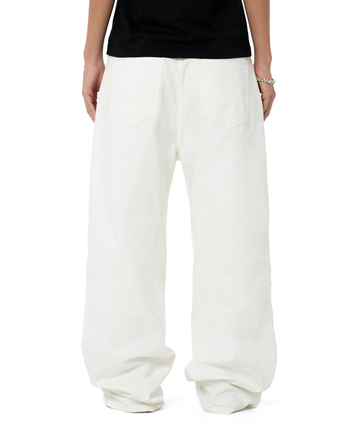 WIDE- LEG WASHED DENIM PANTS/ WHITE