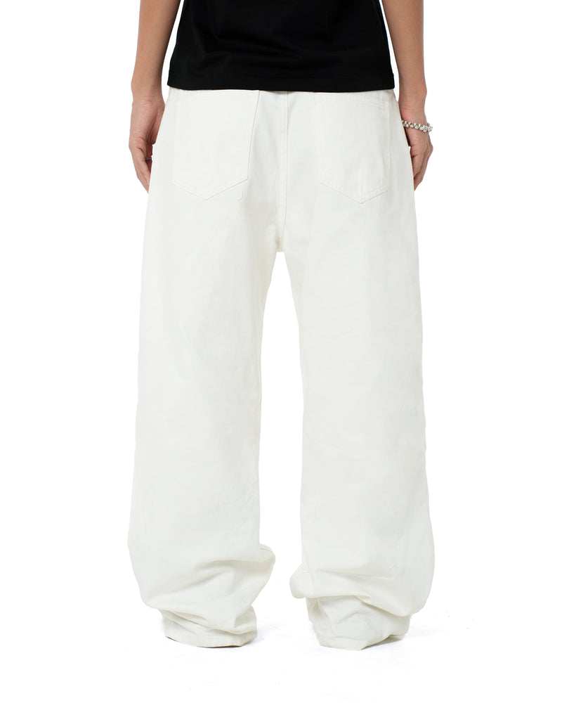 WIDE- LEG WASHED DENIM PANTS/ WHITE