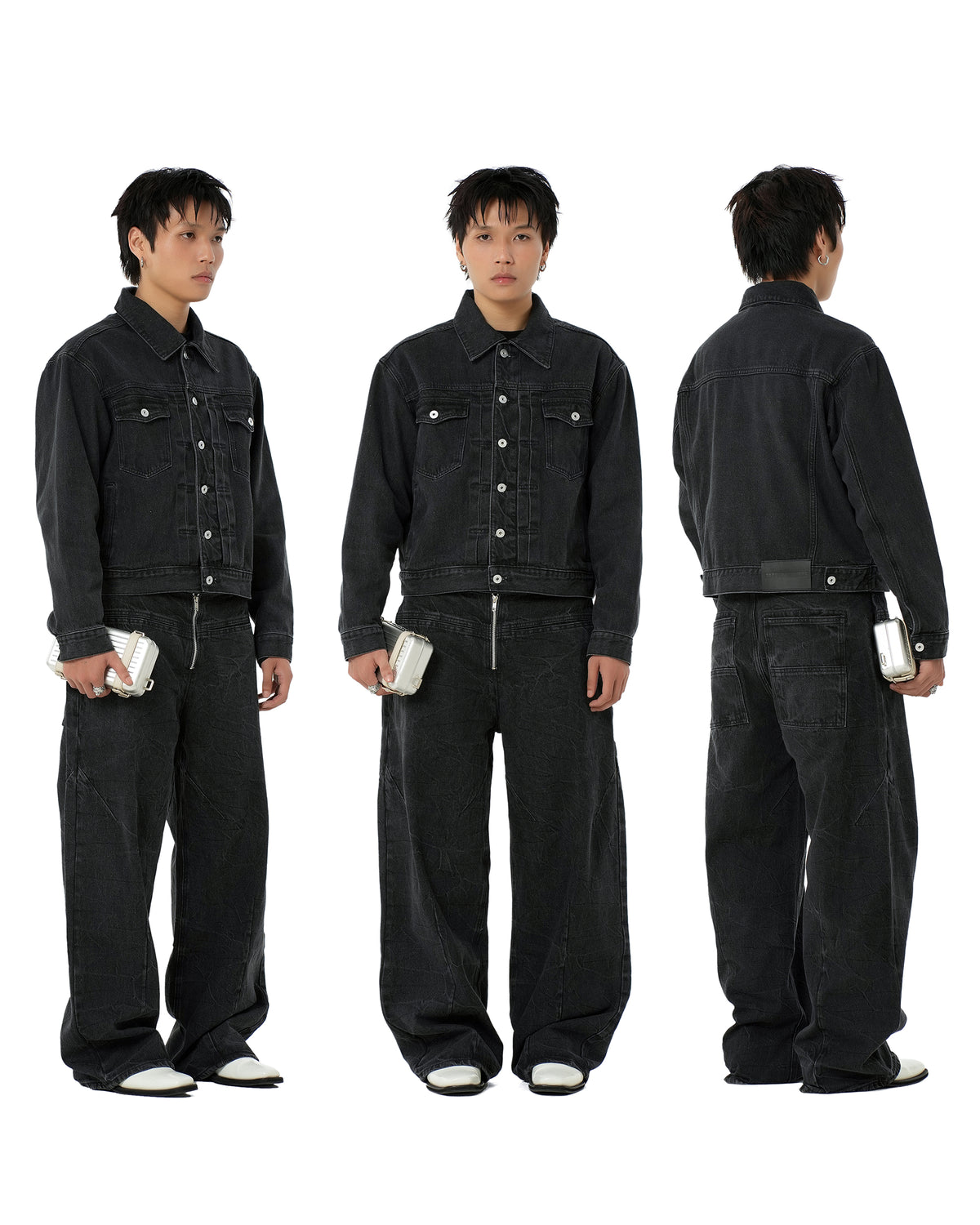 BLACK FRONT ZIP DENIM PANTS WASHED