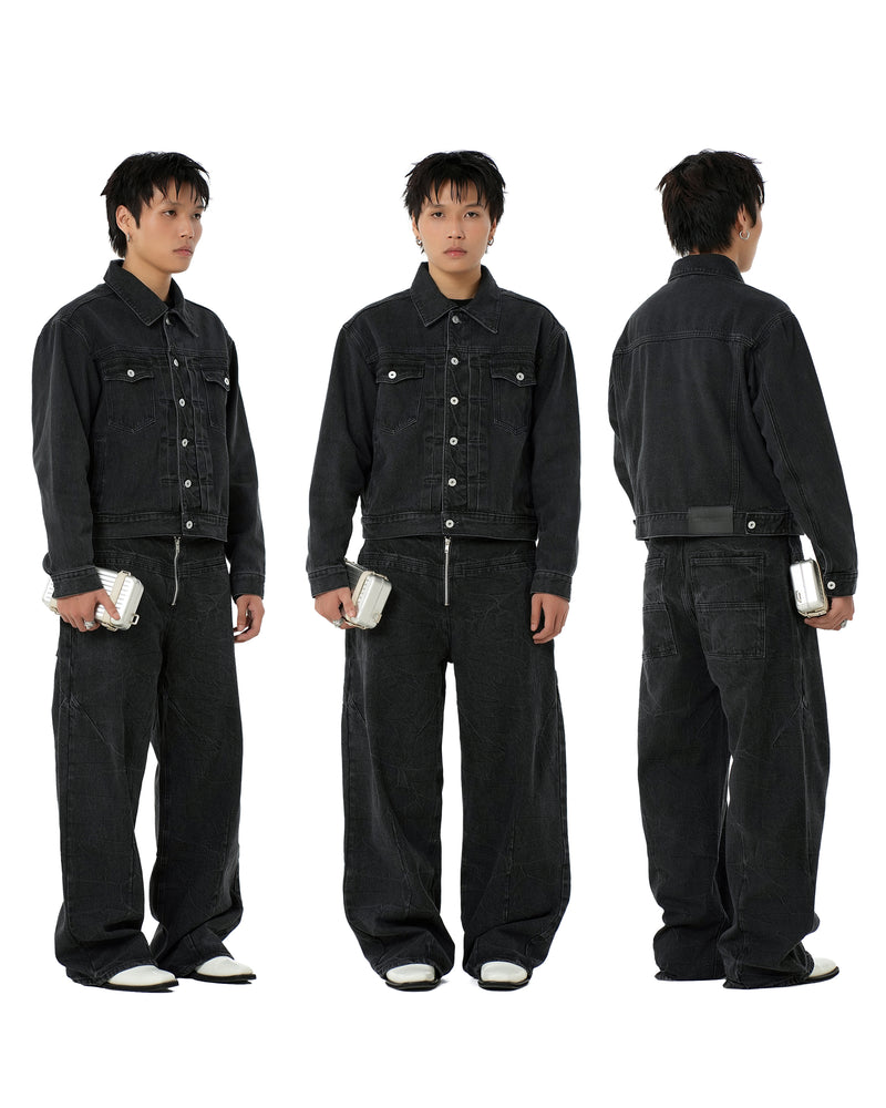 BLACK FRONT ZIP DENIM PANTS WASHED