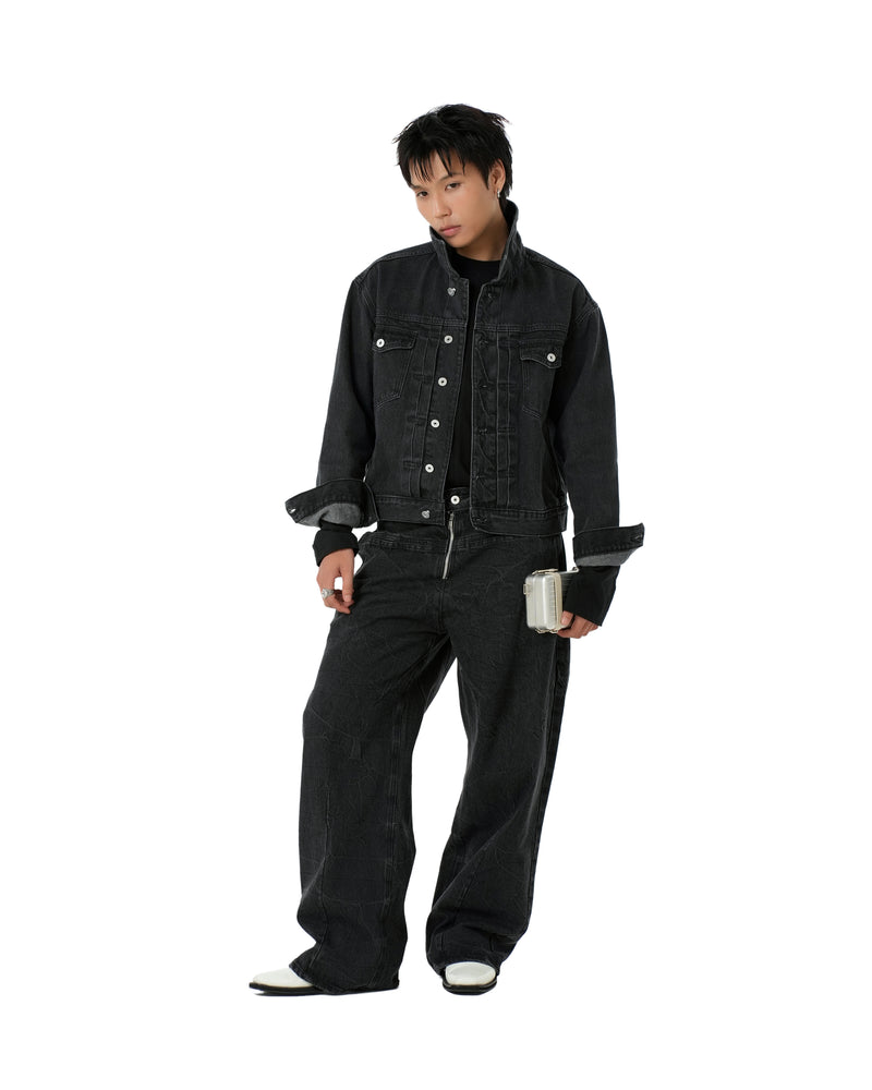 BLACK FRONT ZIP DENIM PANTS WASHED