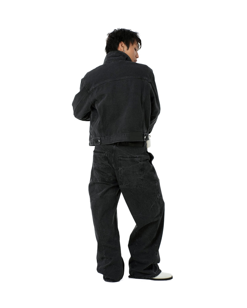 BLACK FRONT ZIP DENIM PANTS WASHED