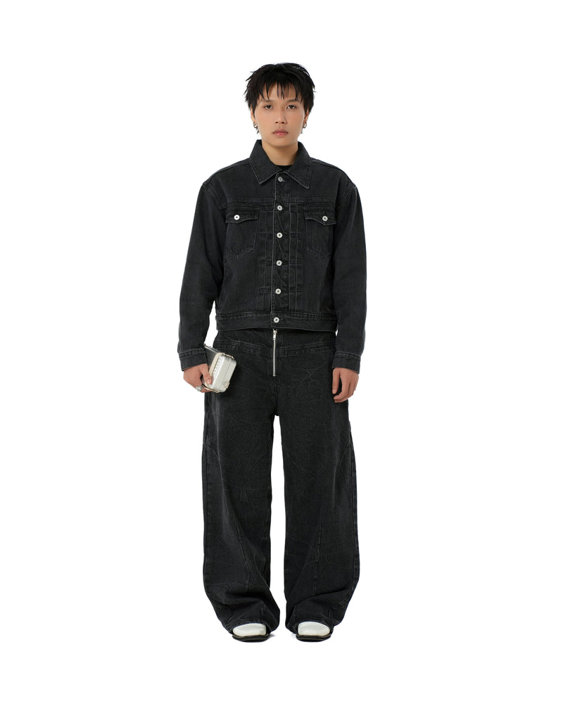 BLACK FRONT ZIP DENIM PANTS WASHED